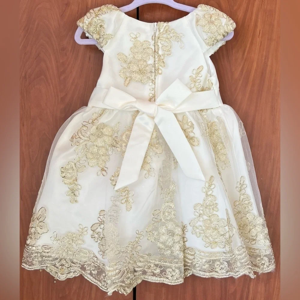 Rare Editions - Gold flower embroidery mesh Ivory baby 2pc dress (Size 12m) NWT